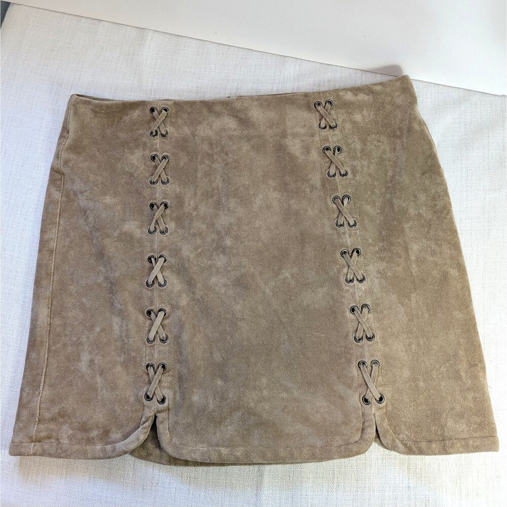 Tan Suede Cross Lace Mini Skirt Women's Size M Boho Hippie Western Halloween